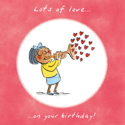 Holy Mackerel Lots of love (female), a trumpet themed Rosie Brooks birthday greetings card, 150mm square, printed in the UK on board from sustainable sources