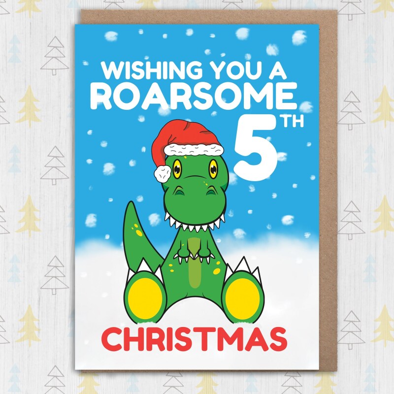 Roarsome Christmas personalised with age, name dinosaur Holidays, Xmas, festive card for child, son, daughter, grandchild (Size A6/A5/A4) - A6: Single card
