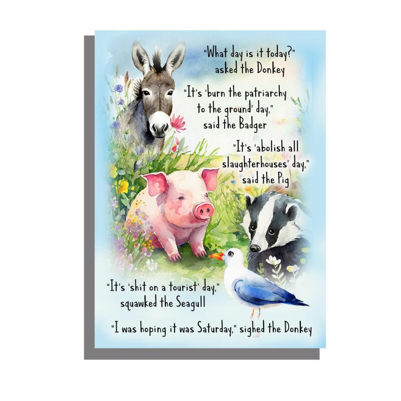 Funny What Day? Birthday Card pig donkey seagull badger A5 uncoated textured