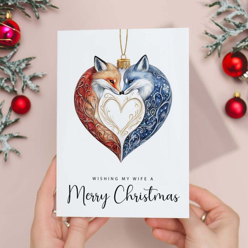 Christmas Card For Wife Foxes Bauble Love Heart Illustration Romantic Christmas Card For Wife - Portrait (5x7) / Blank Inside