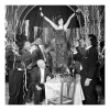 Holy Mackerel party girl retro black and white photographic card featuring a vintage image of a woman dancing on tables - 15cm square and blank inside