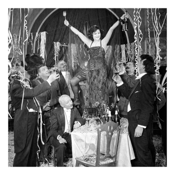 Holy Mackerel party girl retro black and white photographic card featuring a vintage image of a woman dancing on tables - 15cm square and blank inside