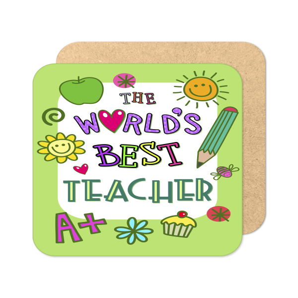 Teacher Coaster - The World's Best Teacher Cartoon Style - Standard Wooden Coaster