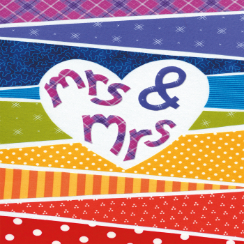Holy Mackerel Rainbow Mrs and Mrs, an LGBTQ+ themed card for a same sex lesbian wedding, featuring an image of Sarah Hopkins' textile art - 12 x 17cm - blank inside for your message