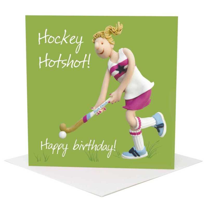 Hockey hotshot birthday card for her - designed by Erica Sturla - 15cm square and blank inside, made in the UK