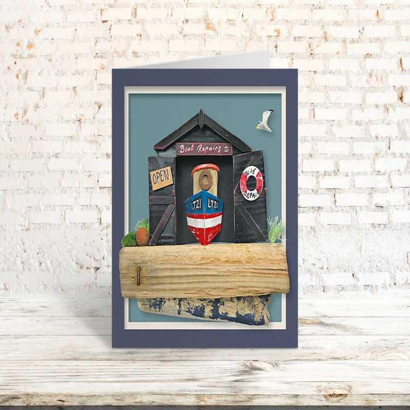 Boat repairs - seaside themed garage blank card - designed by Seth Draper - 15cm square and blank inside, made in the UK