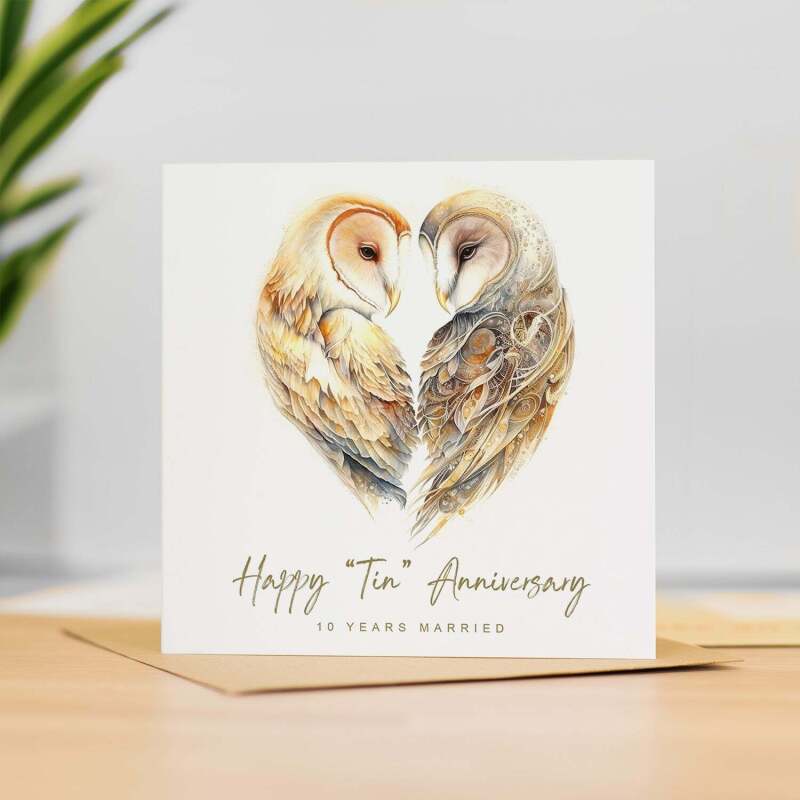 10th Anniversary Card Tin Anniversary 10 Year Anniversary Card For Husband Owl Anniversary Card For Wife Ten Year Anniversary Card - Square (5.5x5.5) / Blank Inside