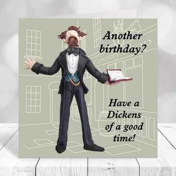 Funny literature themed birthday card featuring Charles Dickens - designed by Erica Sturla - 15cm square and blank inside, made in the UK