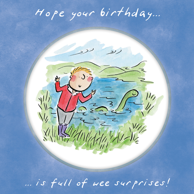 Holy Mackerel Wee surprises, a Scotland themed Rosie Brooks birthday card, 15cm square, printed in the UK on board from sustainable sources