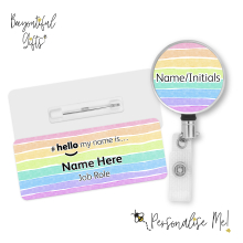 #hello my name is... Name Badge & Metal ID Reel - Rainbow Watercolour Brush Strokes