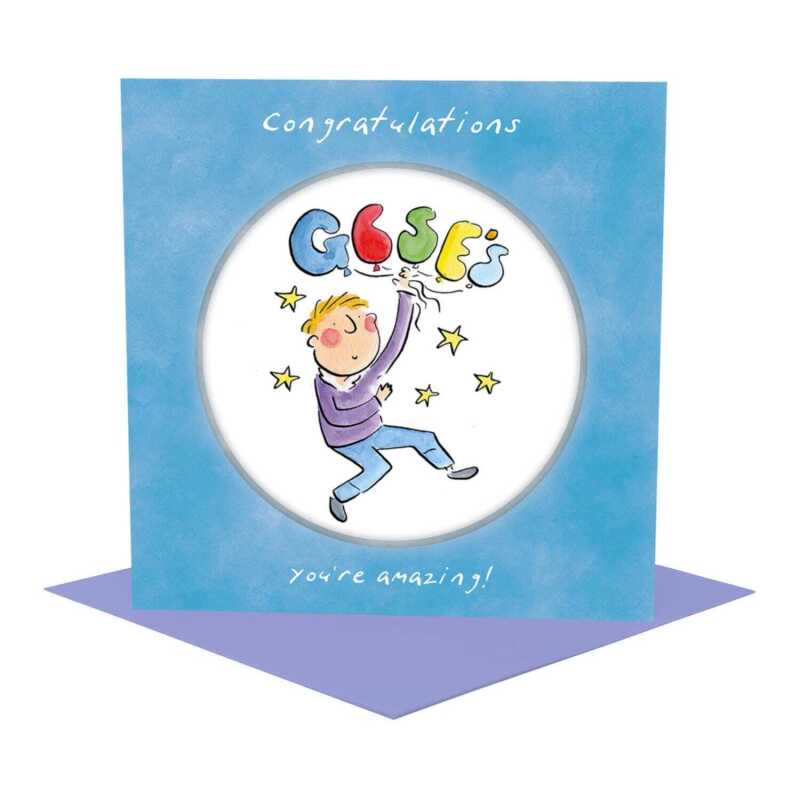 GCSE congratulations card for a boy - designed by Rosie Brooks - 15cm square and blank inside, made in the UK