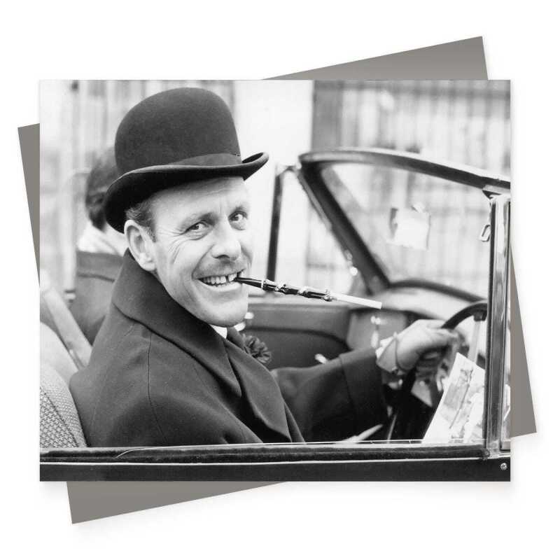 Terry Thomas, vintage photographic black and white car themed card - 12.6 x 17.7cm and blank inside - made in the UK