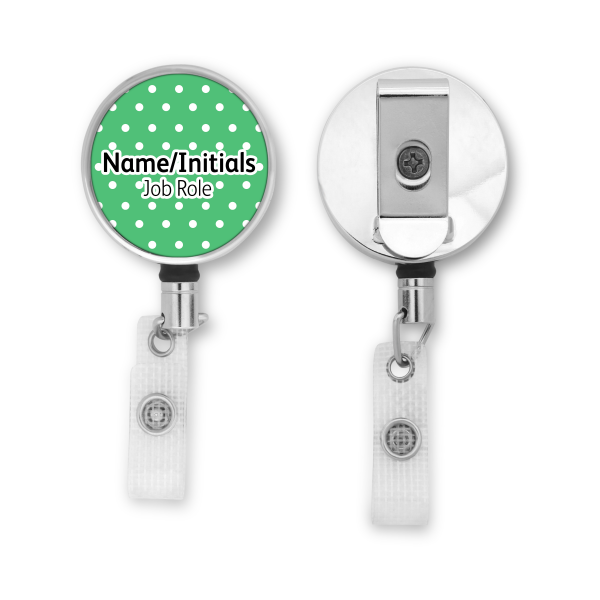 Personalised Metal ID Reel - Green & White Polka Dots