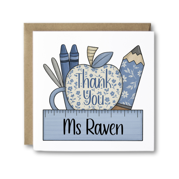 Personalised Thank You Teacher Card - Thank You Blue Ditsy Floral - Standard Smooth Card