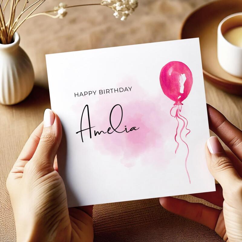 Pink balloon card personalised birthday design custom name script soft greeting - Smooth No Message - Kraft Brown