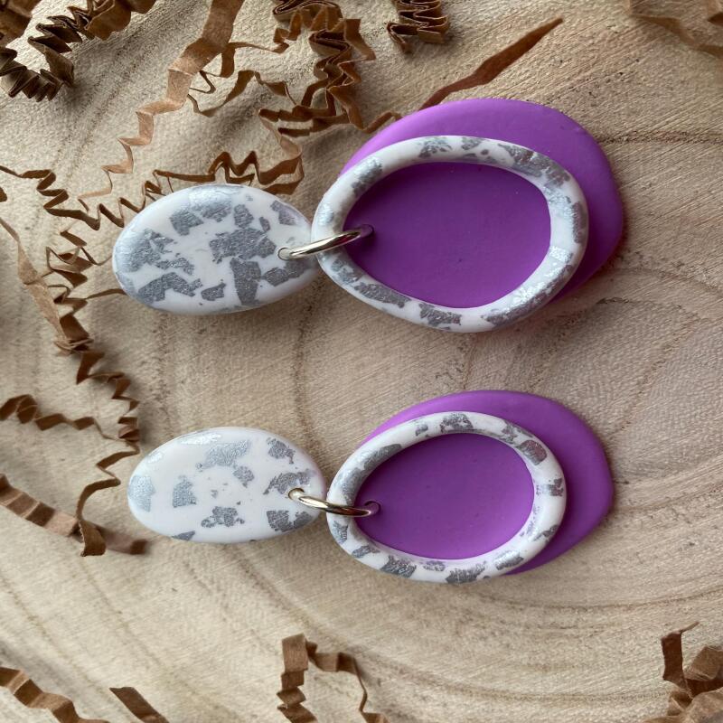 Handmade Lilac Clay Earrings: Silver Leaf Organic Circle Statement Earrings