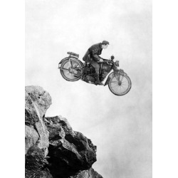 Holy Mackerel stunt motorbike retro black and white photographic card featuring a vintage image of a motorcycle jump - 12.6 x 17.7cm and blank inside