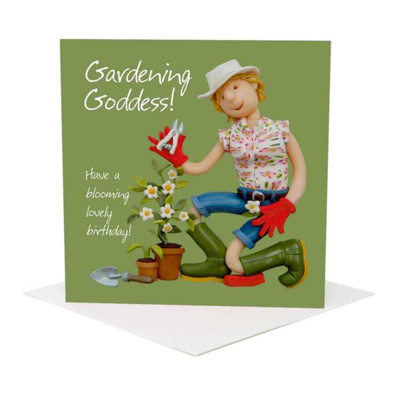 Gardening goddess birthday card for her - designed by Erica Sturla - 15cm square and blank inside, made in the UK