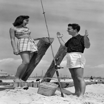 Holy Mackerel this big retro black and white photographic card featuring a vintage image of a couple sharing fishing stories - 12.6 x 17.7cm and blank inside