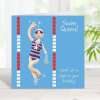 Swim Queen swimming birthday card for her - designed by Erica Sturla & featuring an image of a female swimmer in a pool -  15cm square