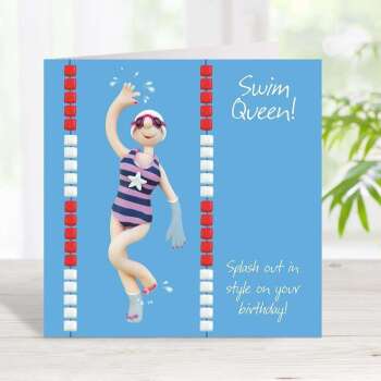 Swim Queen swimming birthday card for her - designed by Erica Sturla & featuring an image of a female swimmer in a pool -  15cm square