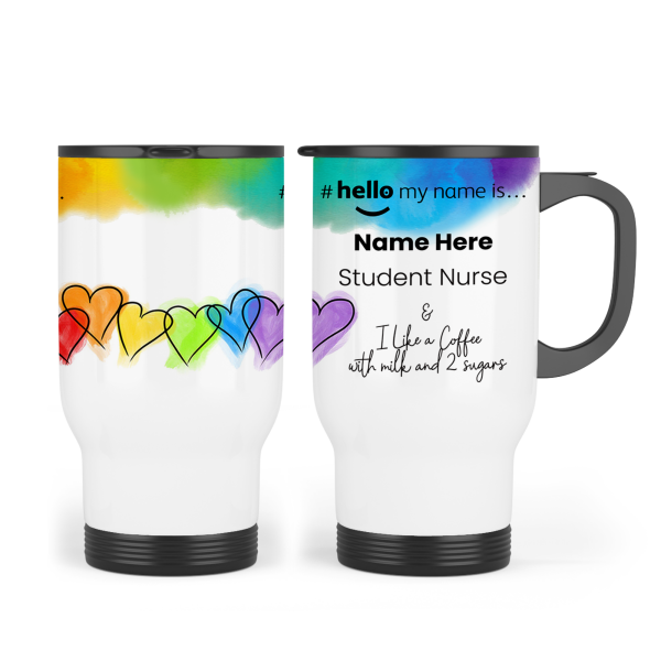 Personalised Travel Mug - Rainbow Hearts #Hello My Name Is...