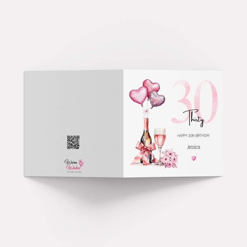 30th Birthday Card for Her Pink Champagne Balloons Flowers Personalised Milestone Greeting Thirty - Smooth No Message - Kraft Brown
