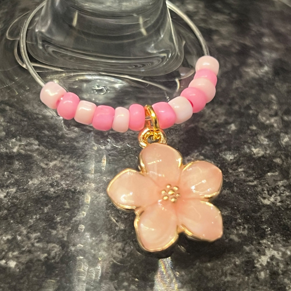 Handmade Wine Glass Charm - Enamel Pink Flower