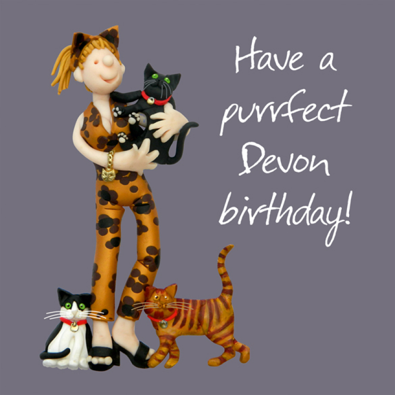 Holy Mackerel Purrfect Devon birthday greetings card, designed by Erica Sturla Card is 150mm square and blank inside.
