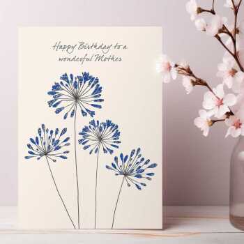 Agapanthus mother birthday card -  designed by Eloise Hall for Holy Mackerel - 15.7 x 11cm and blank inside, made in the UK
