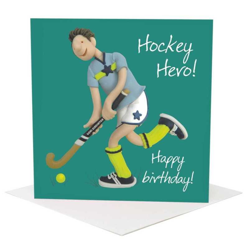 Hockey hero birthday card for him - designed by Erica Sturla - 15cm square and blank inside, made in the UK