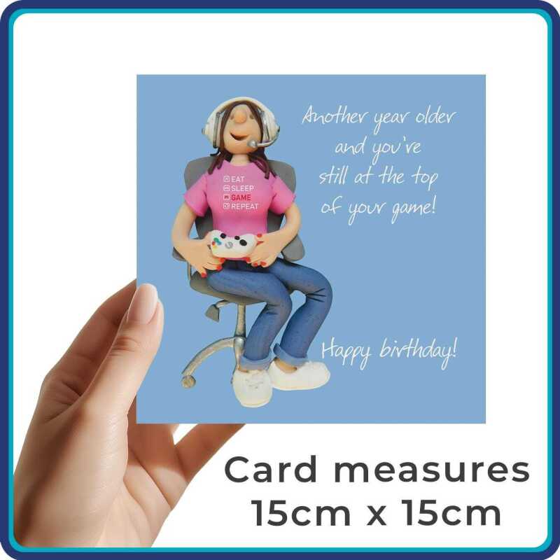 Funny Female Gamer Birthday Card - Polymer Clay Art by Erica Sturla - Gaming Birthday Card UK