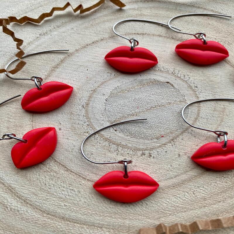 Red Lips Earrings: Handmade Polymer Clay, Surgical Steel Hooks