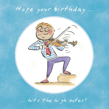 High Notes Violin Music Themed Greetings Card by Artist Rosie Brooks. Card is 150mm Square.