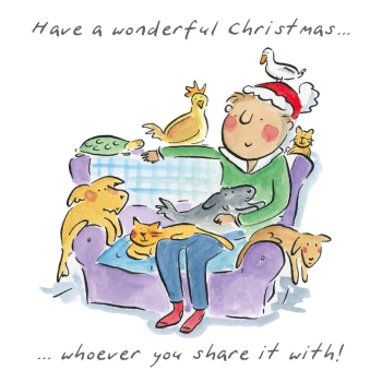 A shared Christmas, a 150mm square festive Christmas greetings card featuring Rosie Brooks artwork, message inside reads Merry Christmas