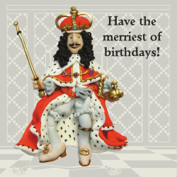 Holy Mackerel merriest Charles the Second birthday card featuring the Stuart king in court regalia - designed by artist Erica Sturla - 15cm square and blank inside for your message - made in the UK