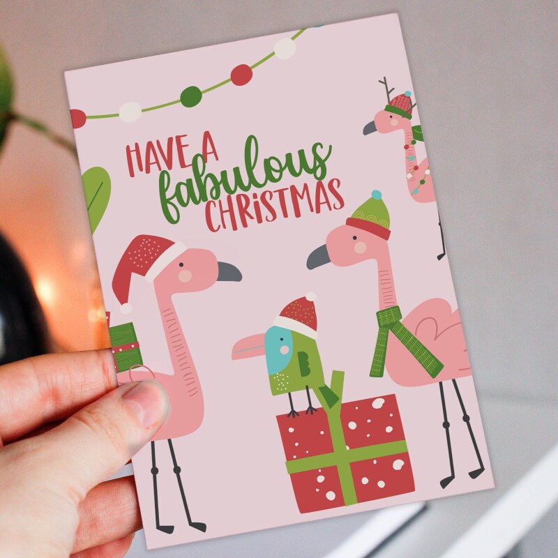 Have a fabulous Christmas flamingos fab Xmas, Holidays, festive card for female, sister, auntie, gay, LGBTQ+ (Size A6/A5/A4/Square 6x6") - A6: Single card