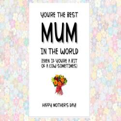 funny cheeky rude MOTHER'S DAY card - happy mother's day, you’re the best mum in the world  (even if you’re a bit of a cow sometimes)