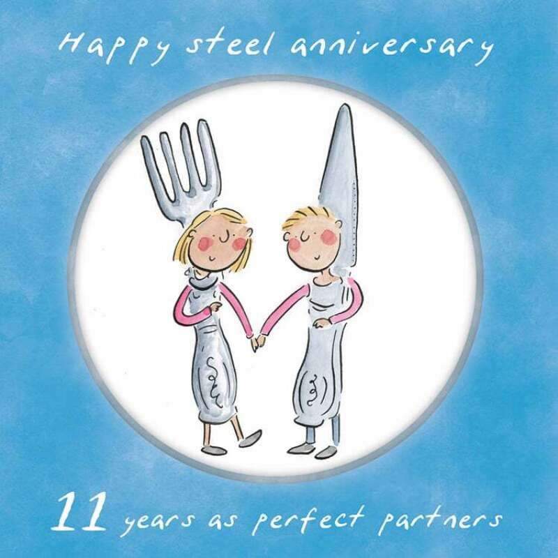 Holy Mackerel 11th (steel) wedding anniversary card by Artist Rosie Brooks. 15cm square and blank inside. Anniversary card for him, her, husband, wife, couple etc
