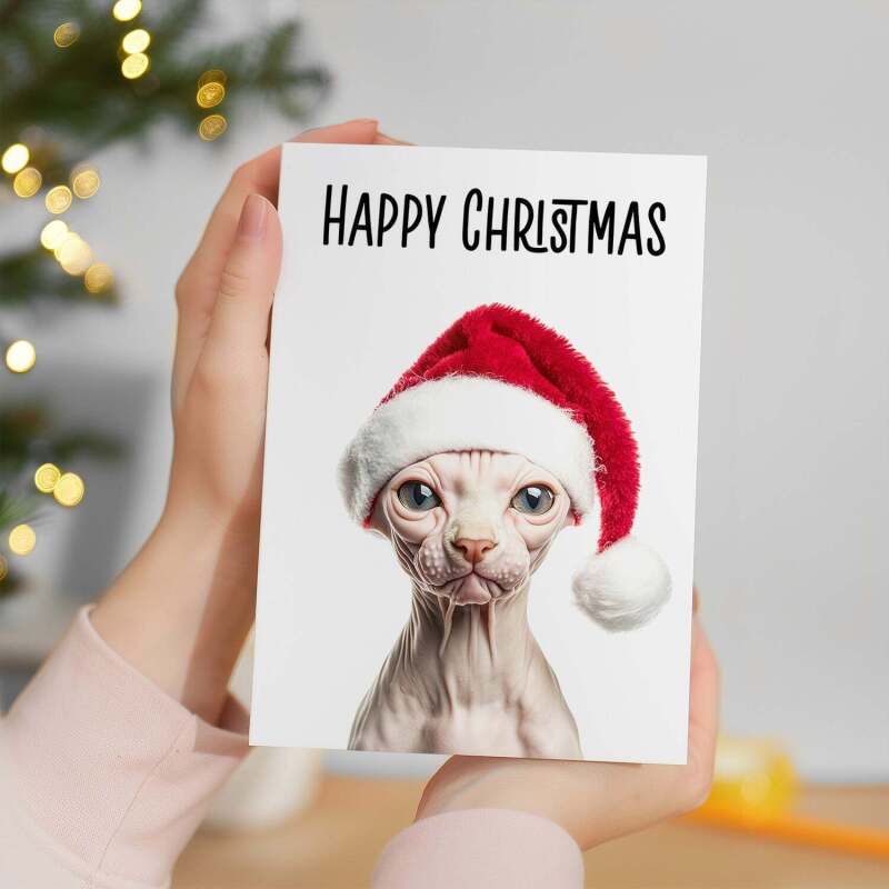 Fun Christmas Card of a Sphynx Cat Wearing A Santa Hat Whimsical Christmas Card For Animal Lover For Him or Her - Portrait (5x7) / Blank Inside
