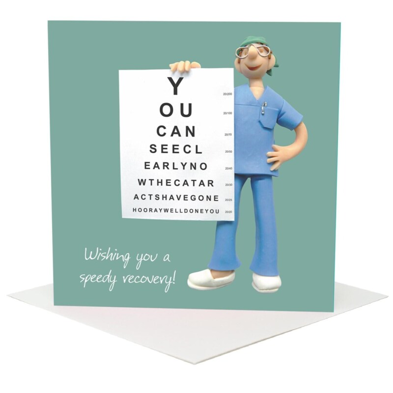 Funny cataract op card to send get well wishes - designed by Erica Sturla - 15cm square and blank inside, made in the UK
