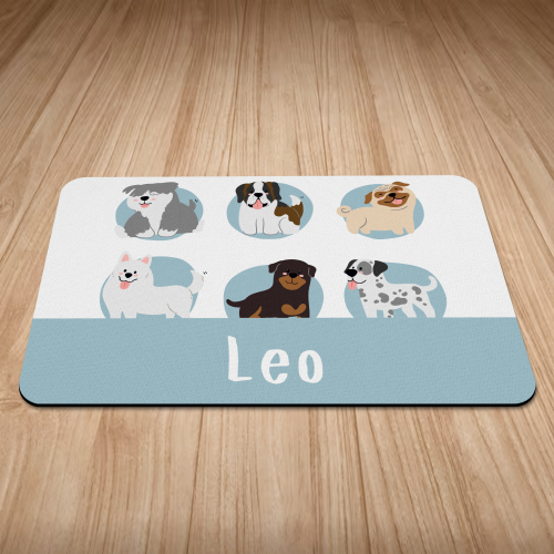Blue Dog Breed Illustration Print Dog Bowl Mat
