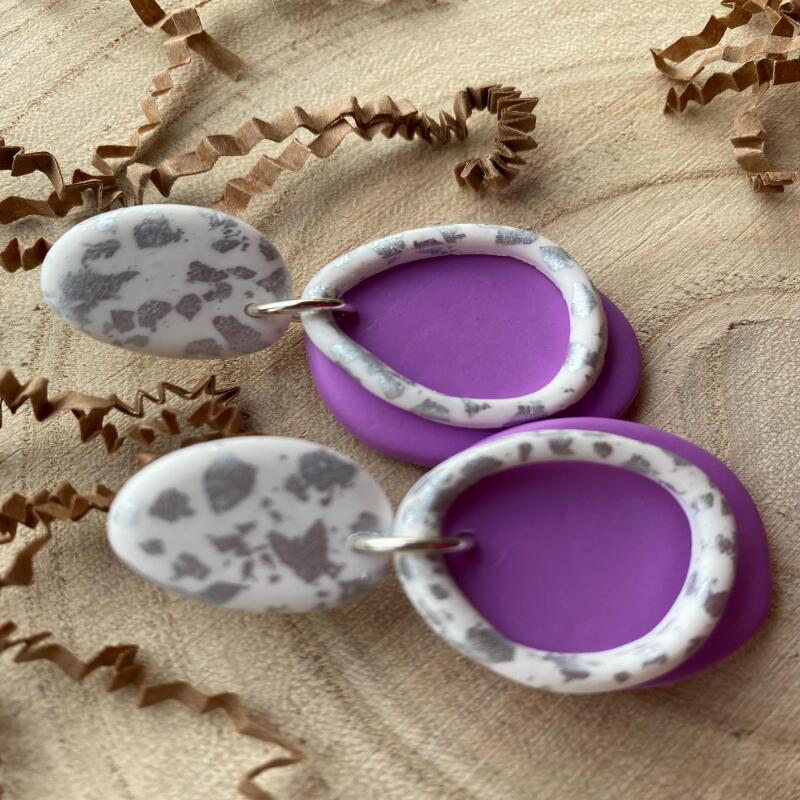 Handmade Lilac Clay Earrings: Silver Leaf Organic Circle Statement Earrings