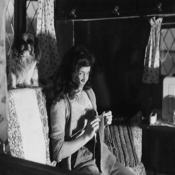 Holy Mackerel knitting at home retro black and white photographic card featuring a vintage image of a young knitter with her pet dog - 12.6 x 17.7cm and blank inside