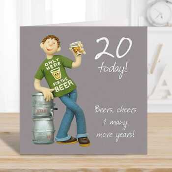 20th birthday card for him - designed by Erica Sturla - 15cm square and blank inside, made in the UK
