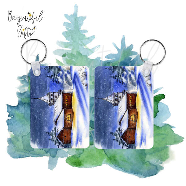 Christmas Key Ring - Watercolour Winter Church Landscape