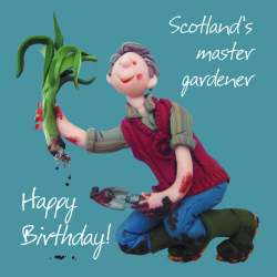 Scotland's Master Gardener Birthday Greetings Card, Designed by Erica Sturla for Holy Mackerel. Card is 150mm Square and Blank Inside.