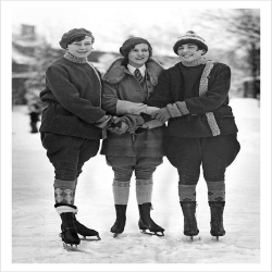 Friends on the ice, a 127 x 175mm Alternative Image skating themed Christmas card featuring a vintage black and white photo, message inside says Happy Christmas
