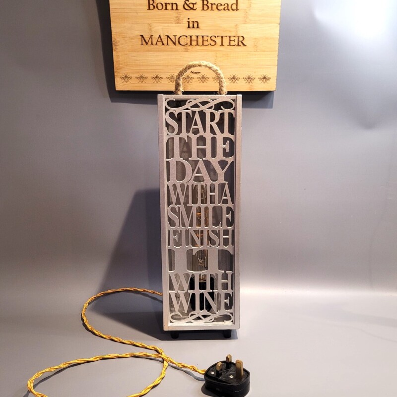 Wooden Wine box with Quote Lamp - Wine Quote "Start the day with a Smile, Finish it with Wine"
