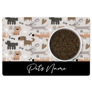 Personalised Pet Bowl Spill Mat - Pastel Dog and Bones - Black